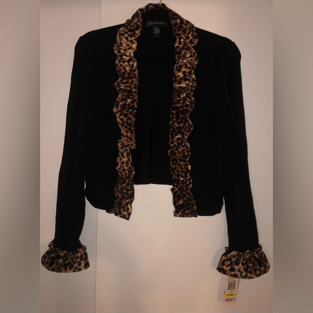 Black cardigan trimmed with cheetah velvet.